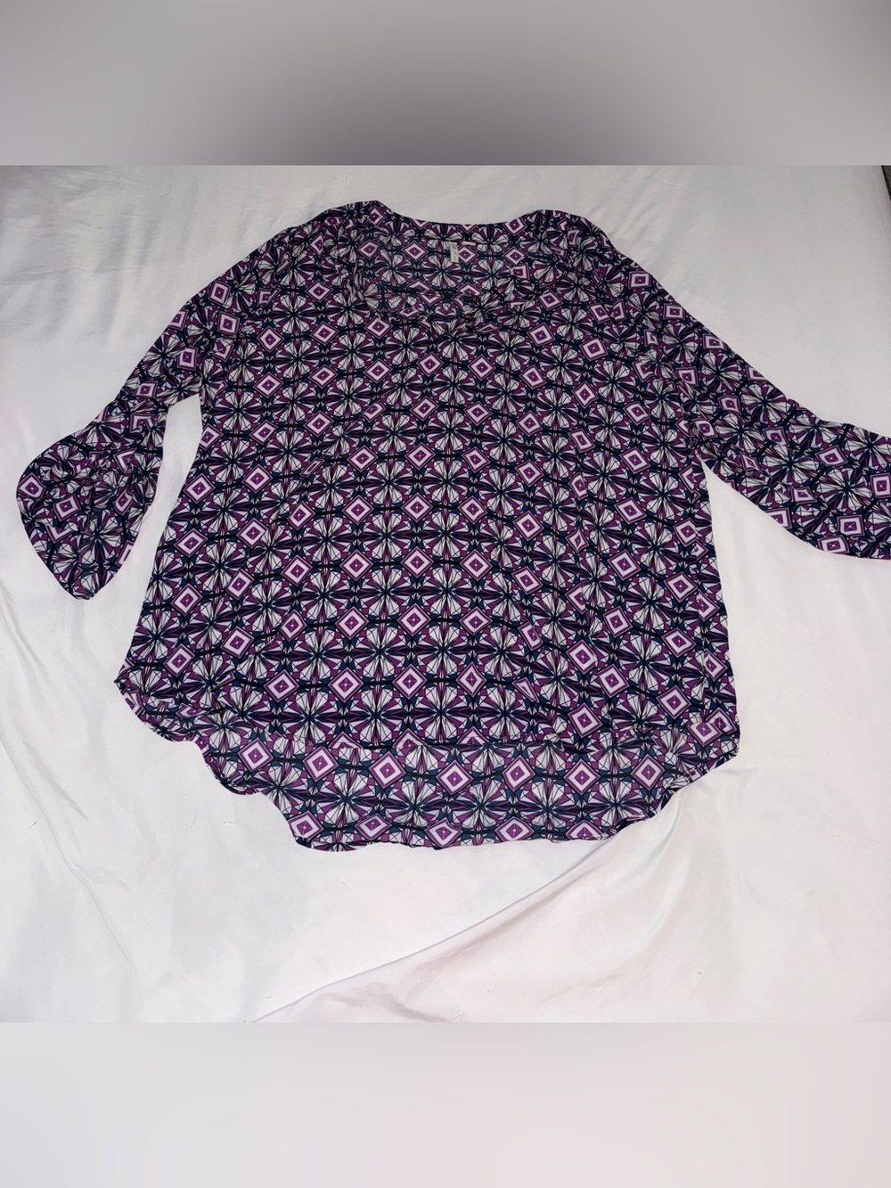 Cato Purple Geometric Print Bell Sleeve Blouse Size XL